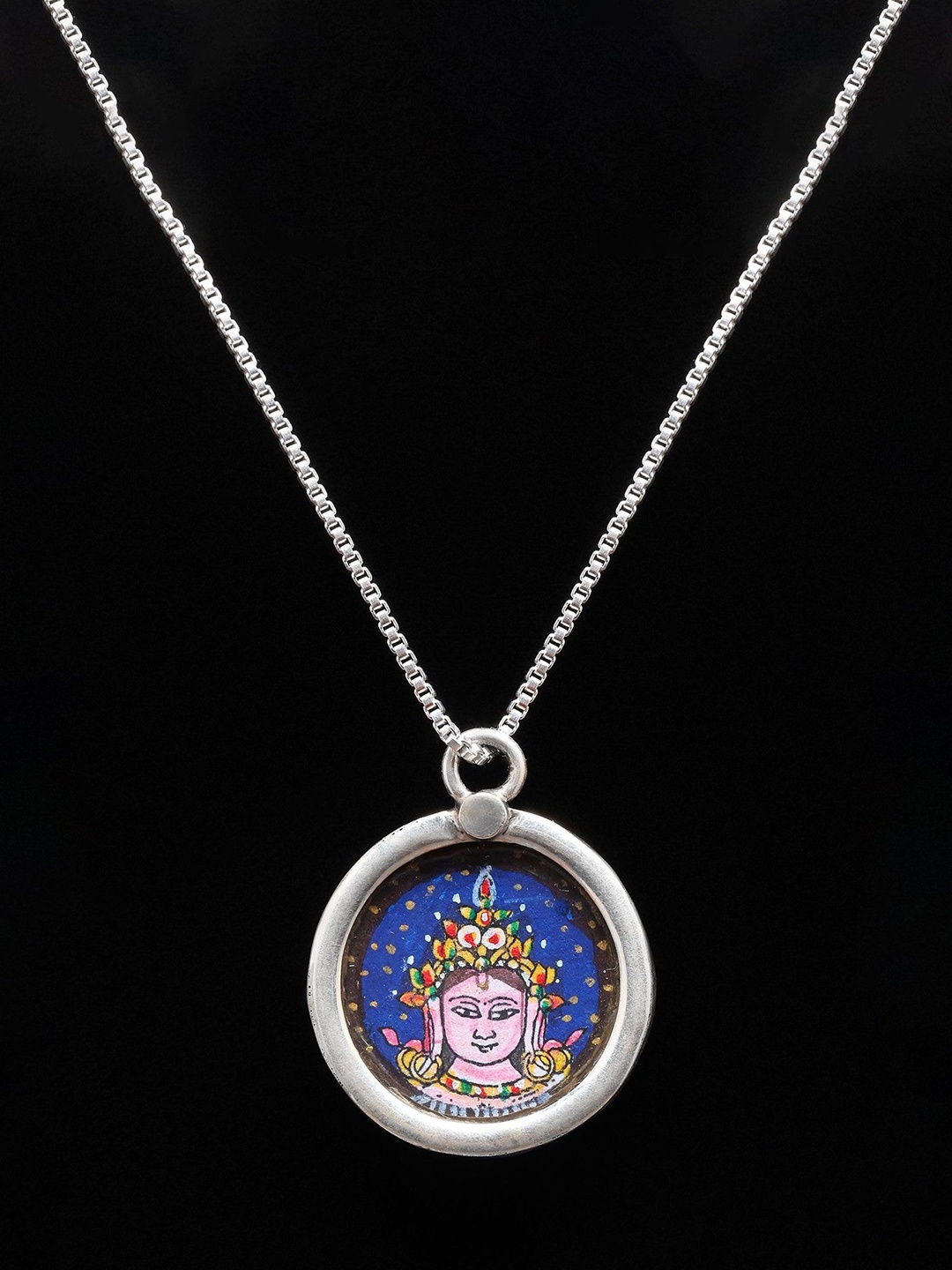 

Exotic India Round Shape Hand-Painted Bodhisattva Chenrezig Pendant, Silver