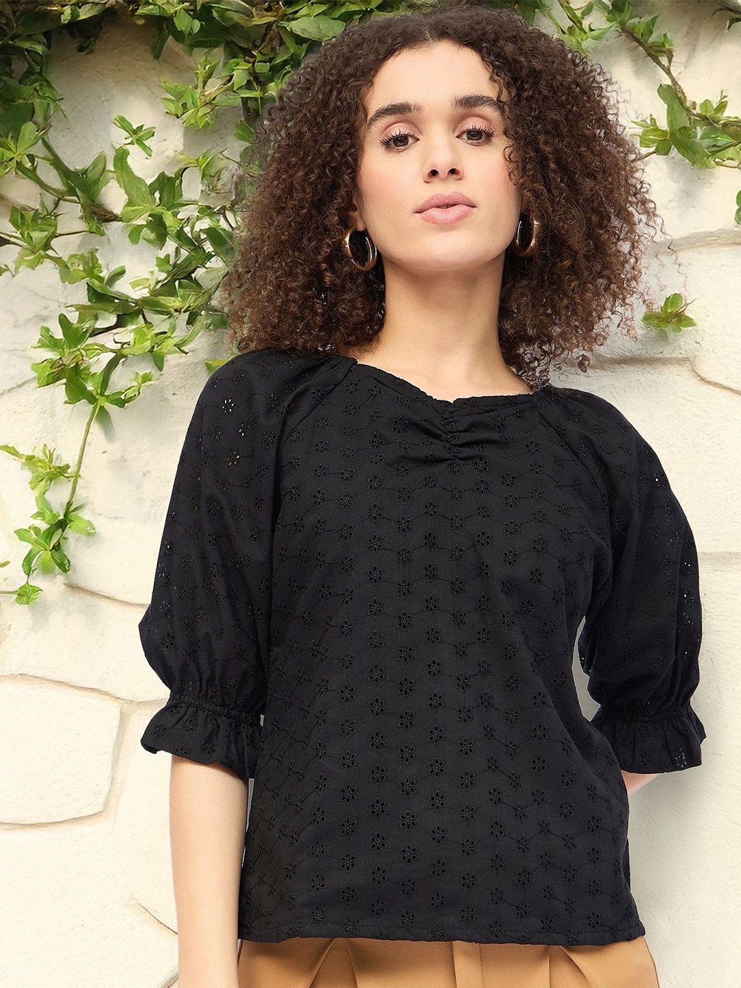 

DressBerry Geometric Print Puff Sleeve Cotton Schiffli Top, Black