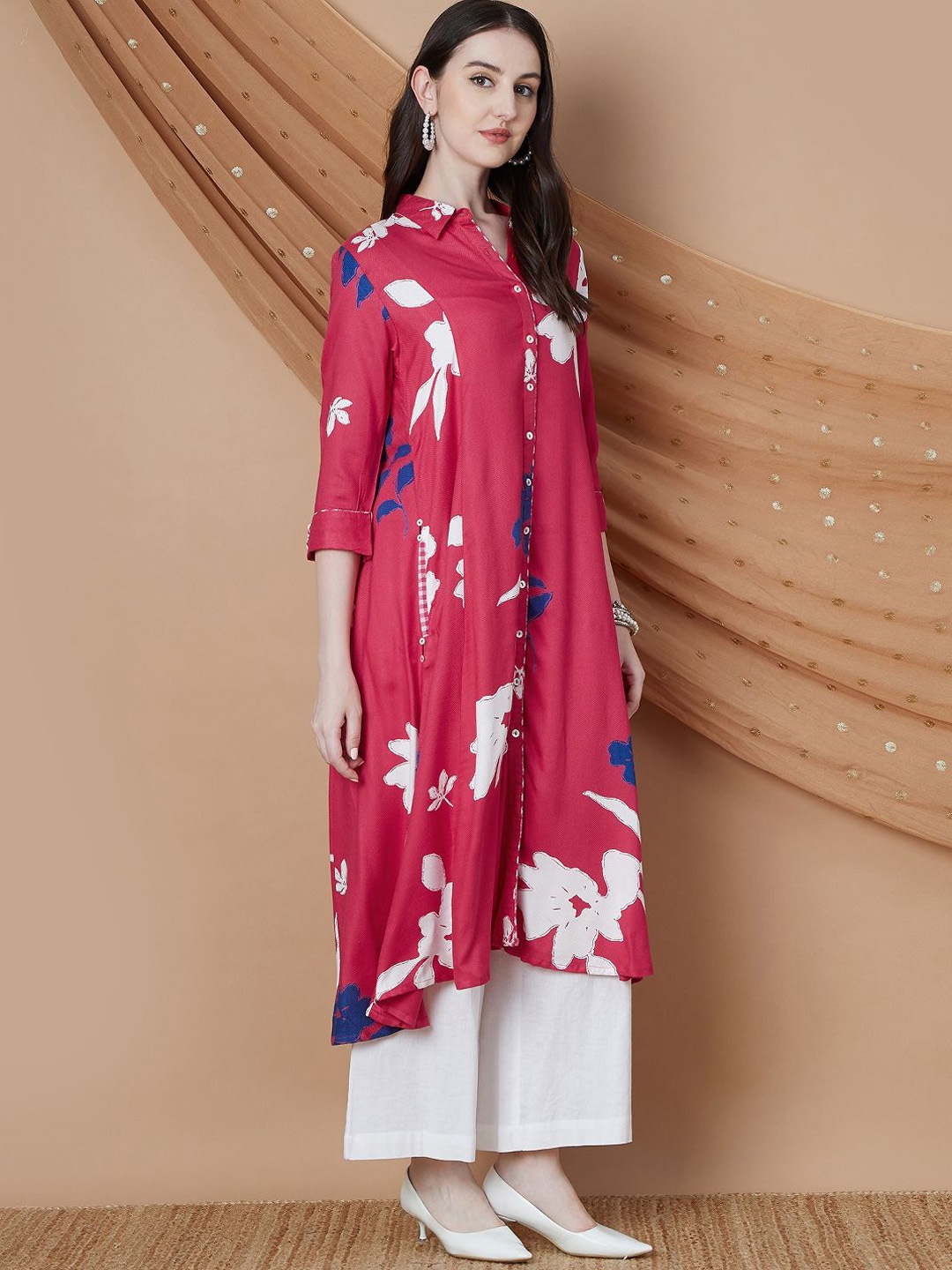 

Melange by Lifestyle Floral Printed Mandarin Collar Kurta, Pink