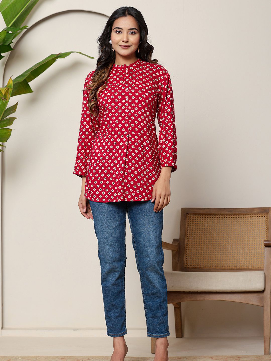 

ARAVALII Polka Dot Print Ethnic Shirt Style Top, Red