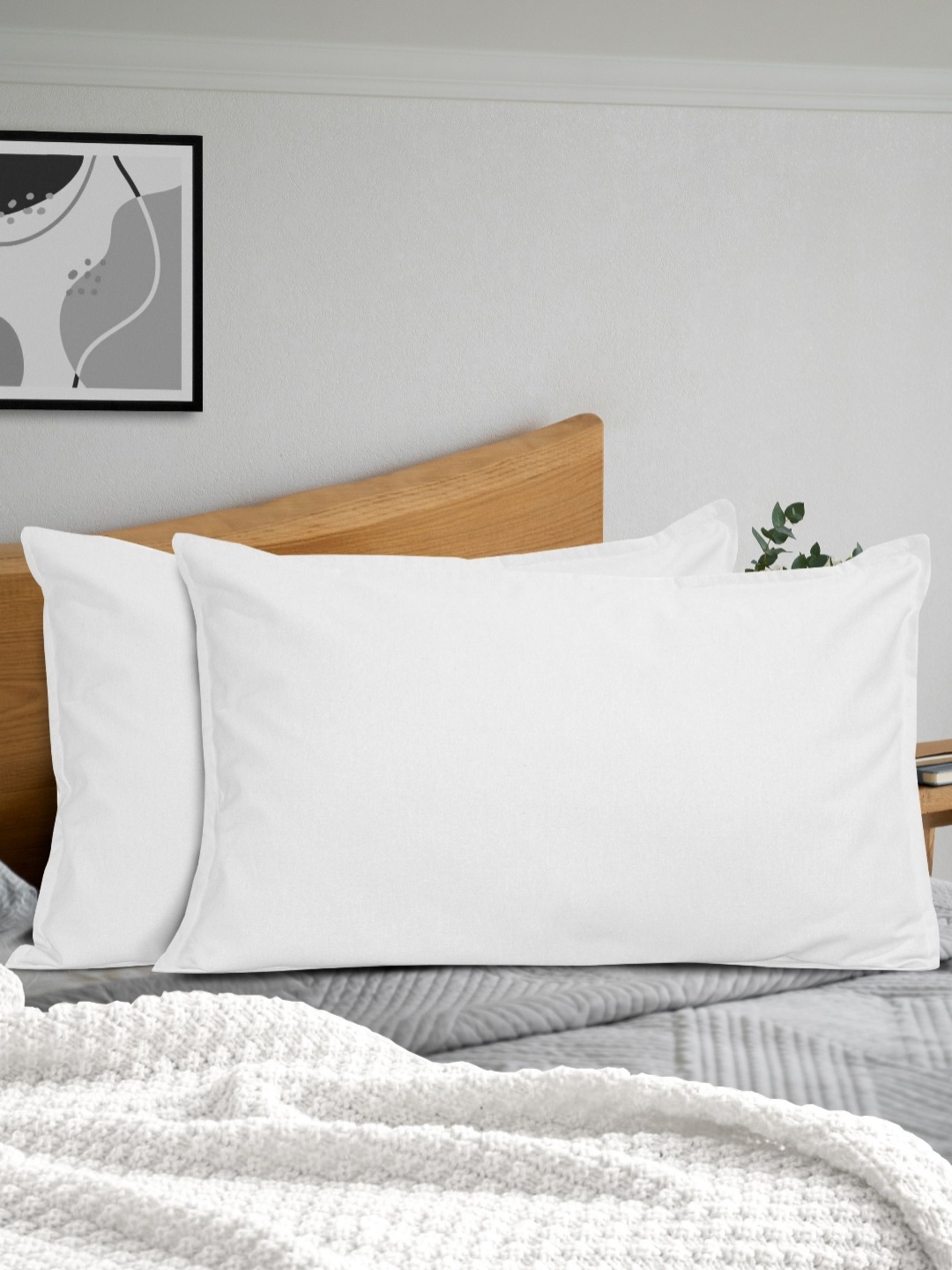 

HOME COLORS.IN White 2 Pieces Pure Cotton Rectangle Pillow Covers