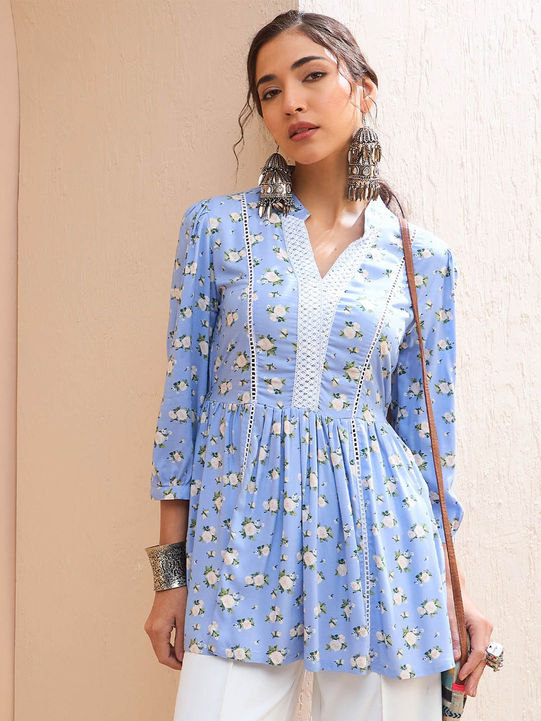 

Shae by SASSAFRAS Floral Printed Gotta Patti Gotta Patti Pleated Kurti, Blue