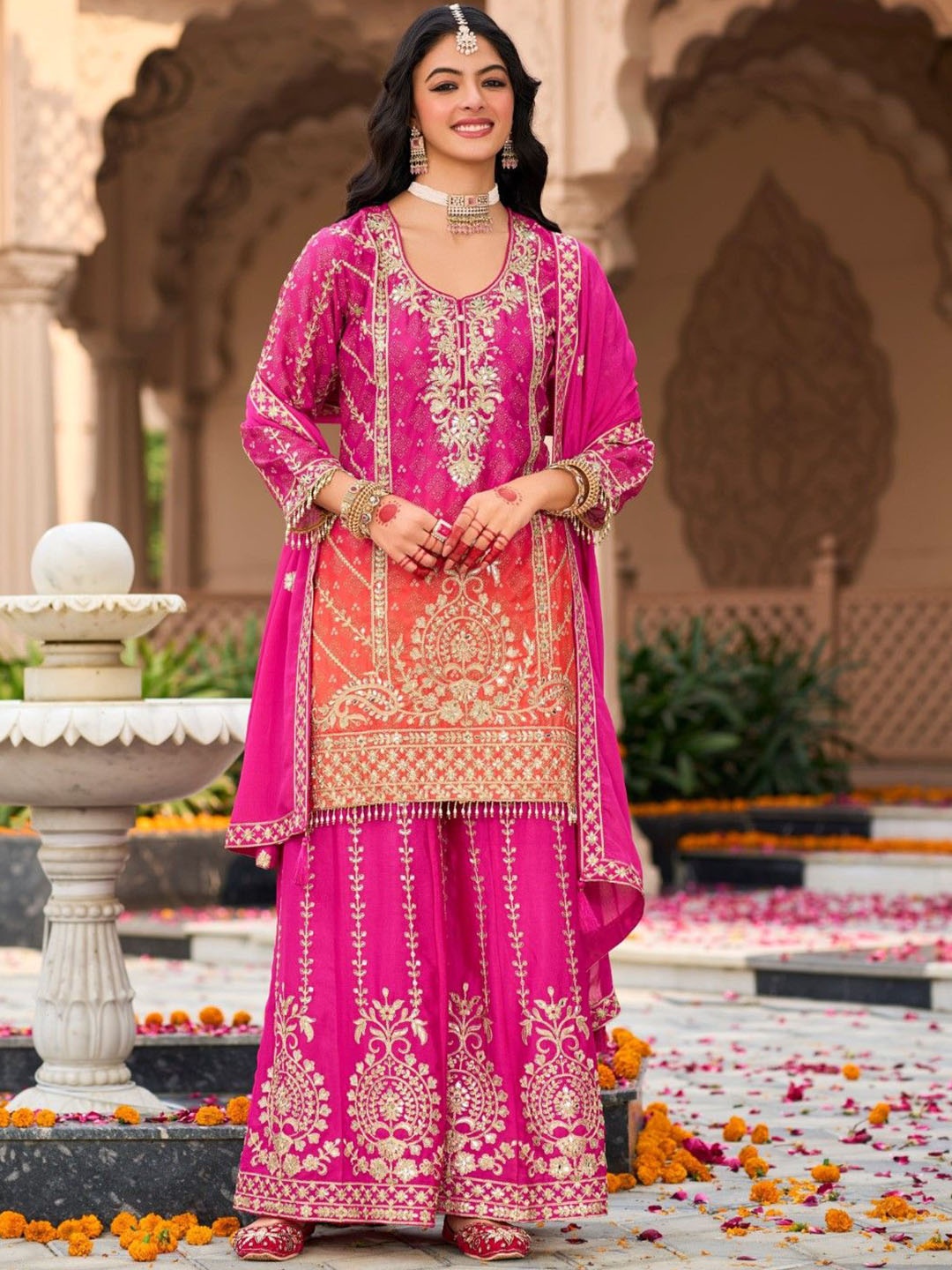 

AUTUMN LANE Floral Embellished U-neck Straight Kurta With Sharara And Dupatta, Pink
