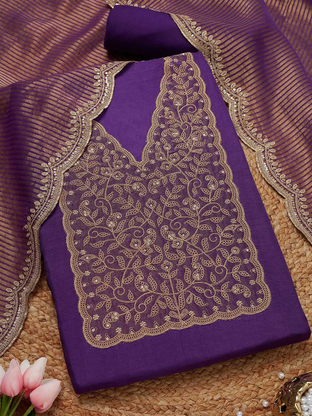 

Soch Floral Yoke Design Sequinned Unstitched Dress Material, Purple