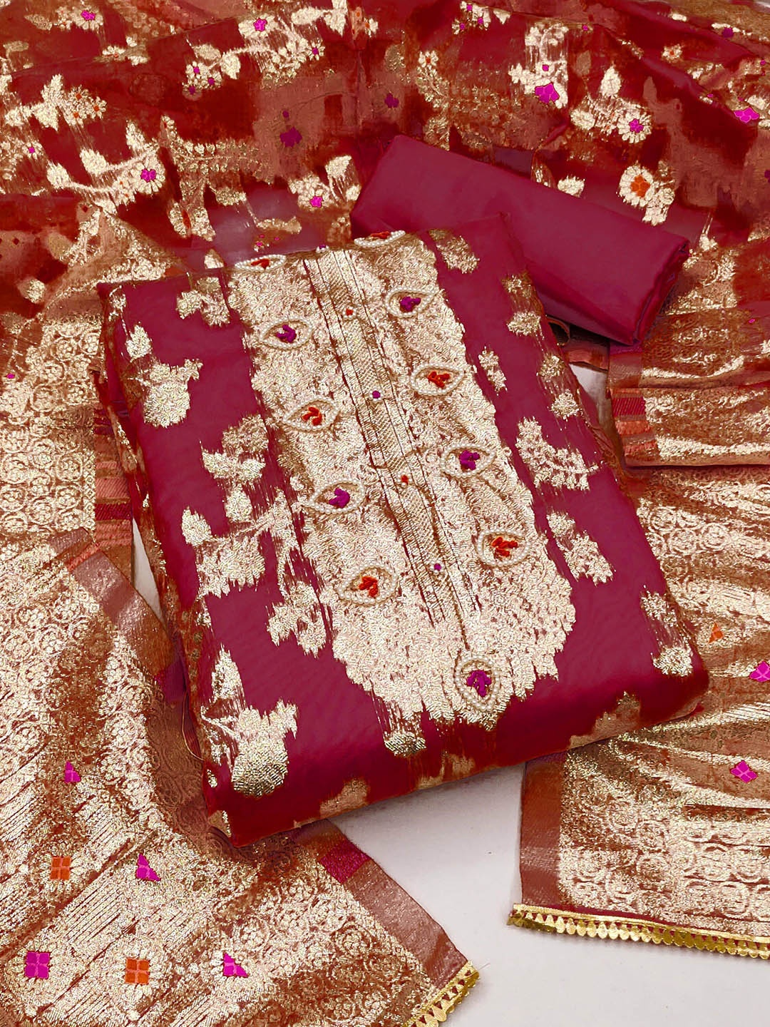 

SAINOOR Floral Woven Design Beads And Stones Organza Banarasi Unstitched Dress Material, Maroon