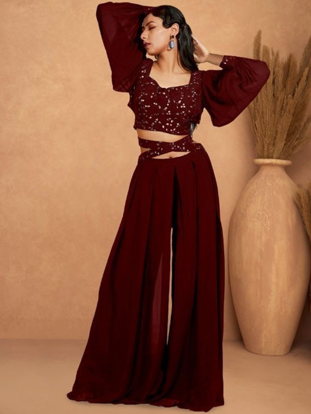 

PARROT CREATION Floral Embroidered Poly Georgette V-Neck Crop Top With Palazzos, Maroon
