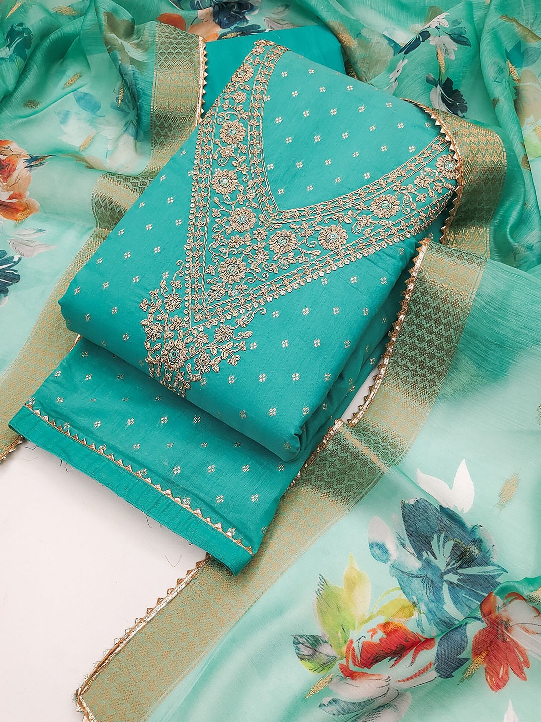 

TAVAS Ethnic Motifs Embroidered Chanderi Silk Unstitched Dress Material, Blue