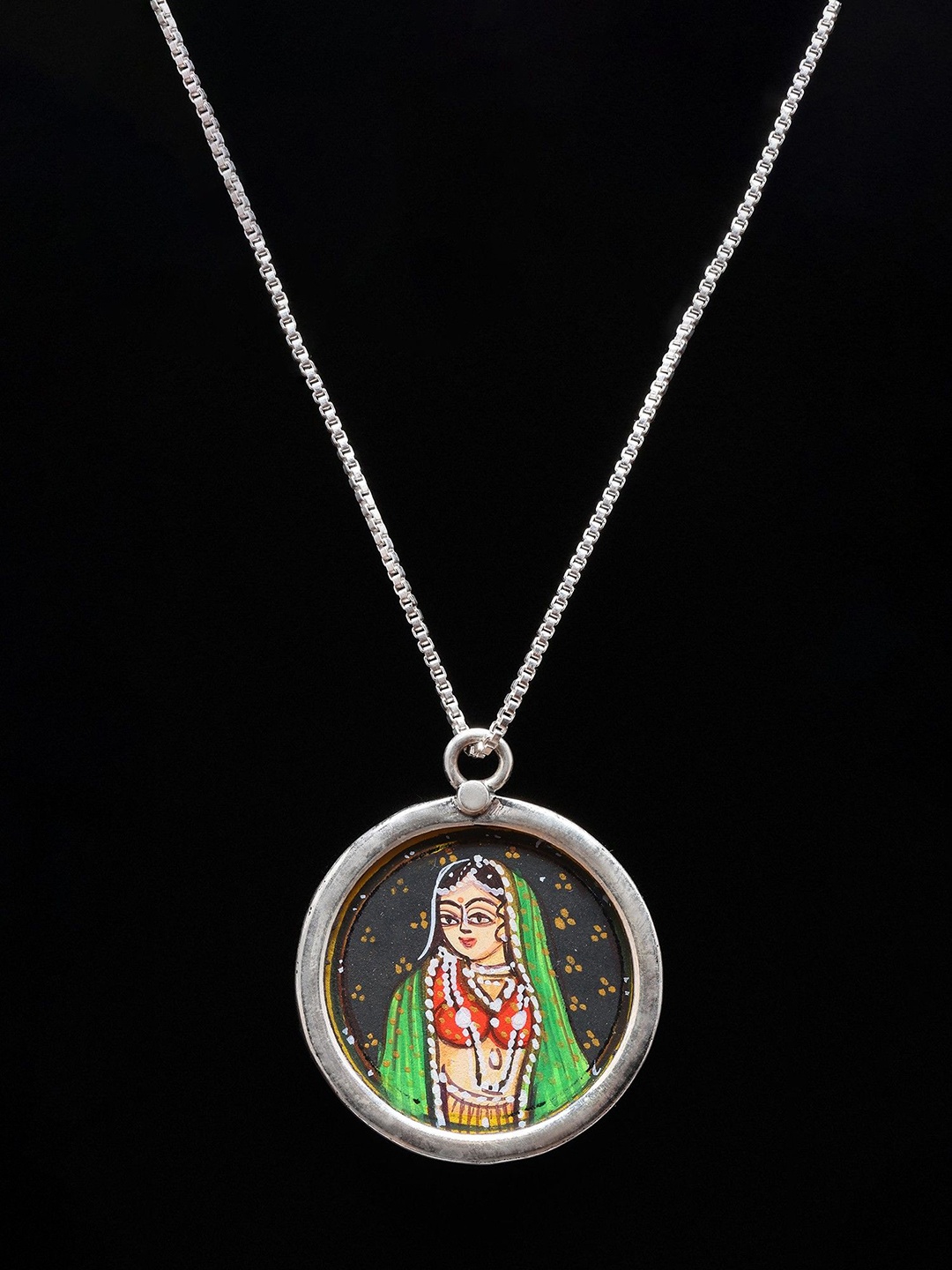 

Exotic India Hand-Painted Indian Woman Round Shape Pendant, Silver