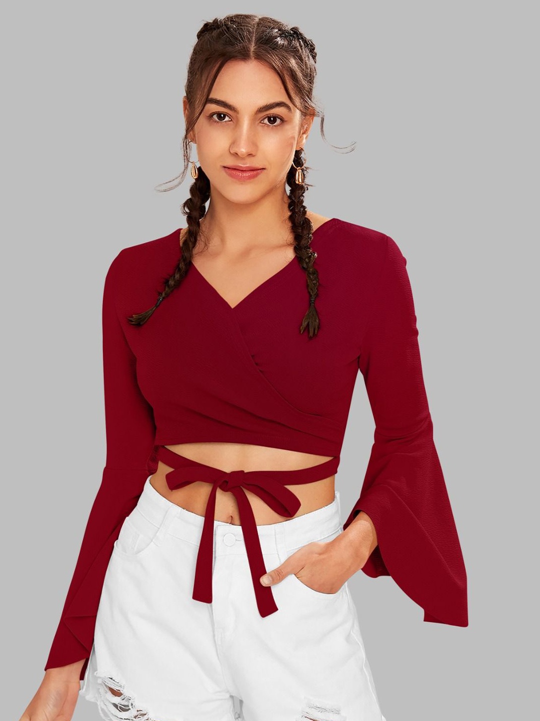 

DHUNKI Bell Sleeve Blouson Crop Top, Maroon