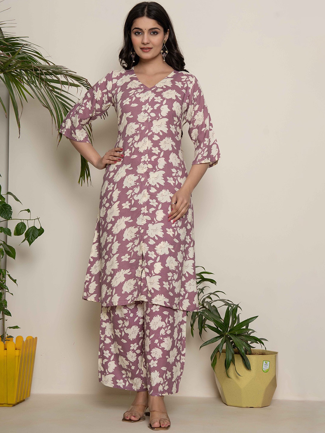 

Fabmoha Floral Printed V-Neck Pure Cotton A-Line Kurta With Palazzos, Purple