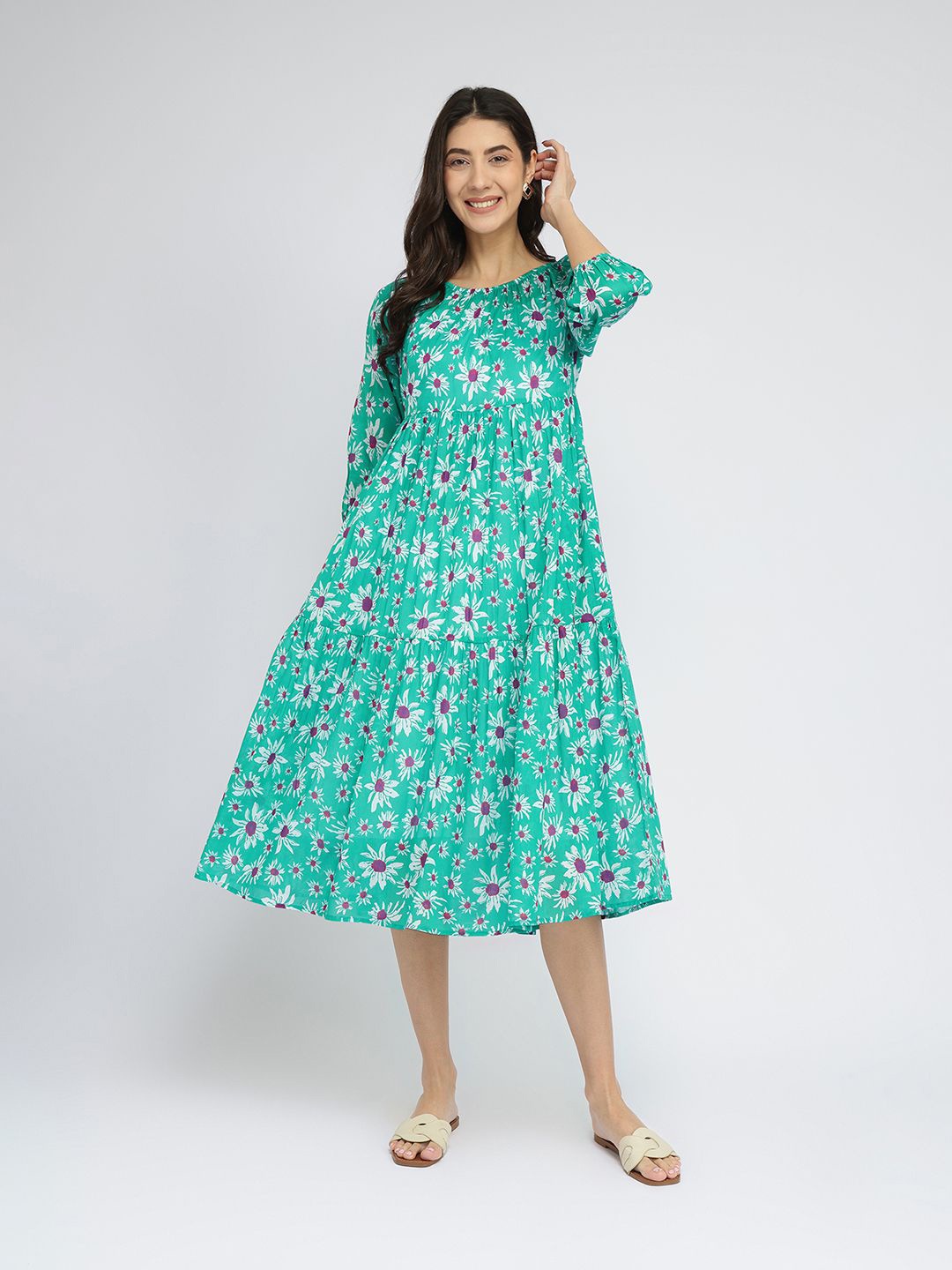 

Pink Fort Floral Printed Cotton Tiered A-Line Maxi Dress, Green