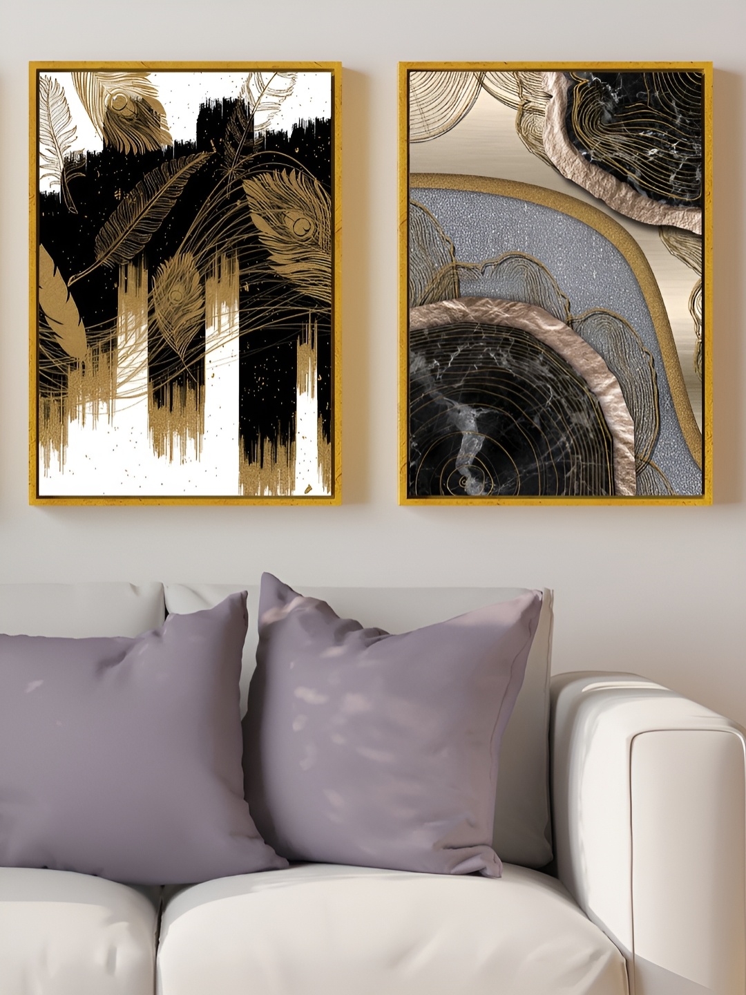 

Myntra Elegant Homes Gold-Toned & Black 2 Pcs Nordic Minimalist Abstract Canvas Wall Art