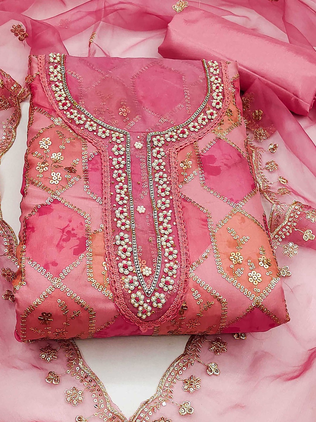 

SAINOOR Floral Embroidered Beads & Stones Organza Unstitched Dress Material, Pink