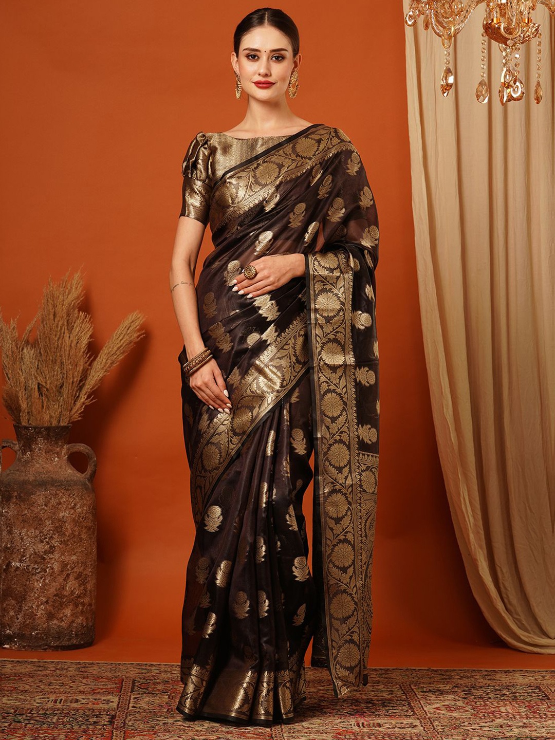 

SILKWEAR Floral Zari Organza Banarasi Saree, Brown
