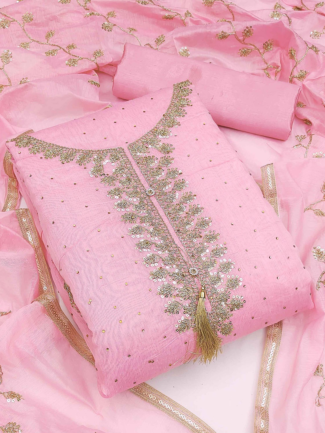 

RUDRAA FAB Floral Embroidered Sequinned Unstitched Dress Material, Pink