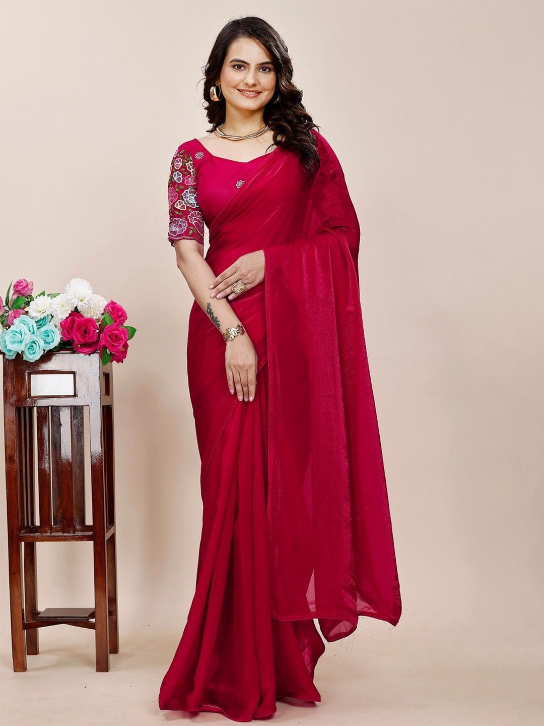 

K 5 Fashion Embroidered Pure Chiffon Saree, Maroon