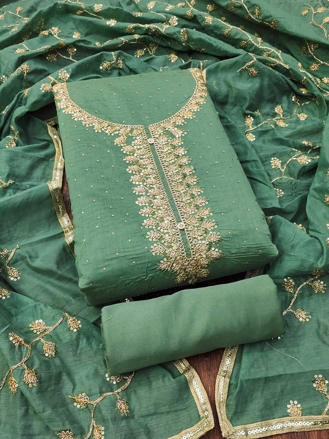 

RUDRAA FAB Floral Embroidered Sequinned Unstitched Dress Material, Green