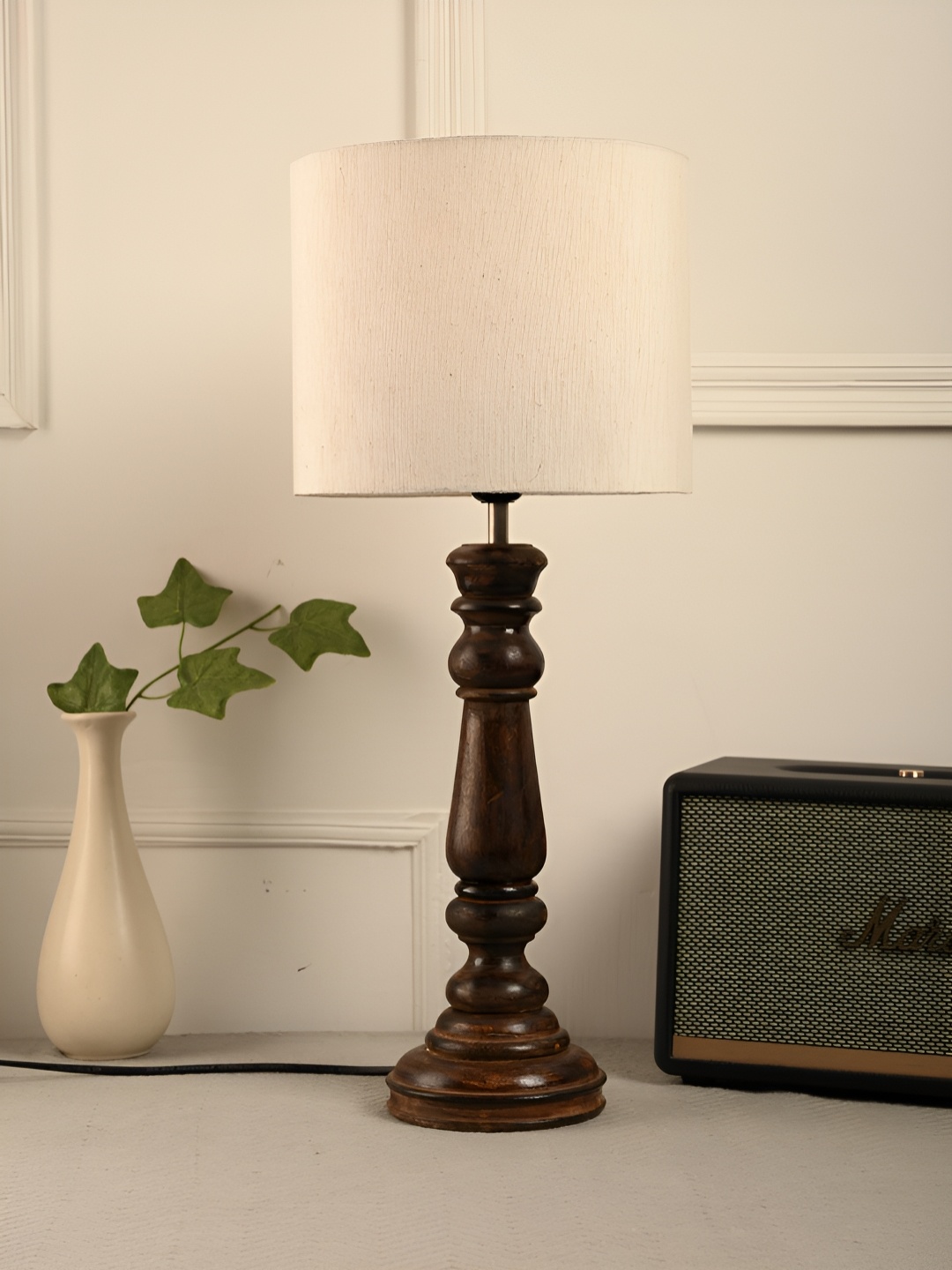 

green girgit Brown & White Cylindrical Shaped Wooden Table Lamp With Bulb