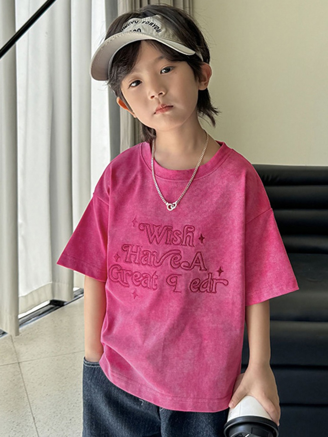 

LULU & SKY Boys Typography Printed Round Neck Cotton Oversized T-shirt, Pink