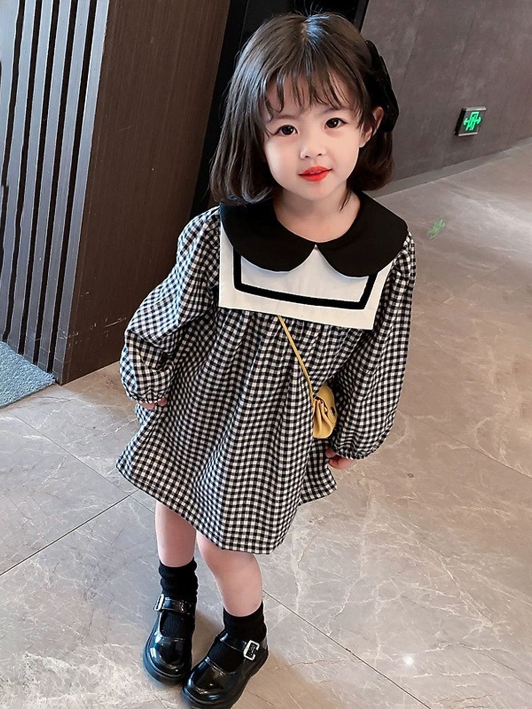 

LULU & SKY Girls Cotton Peter Pan Collared Checked A-Line Dress, Black