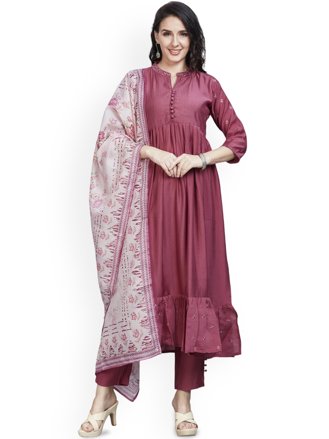 

Nioni Mandarin Collar Chanderi Cotton A-Line Kurta With Trousers & Dupatta, Pink