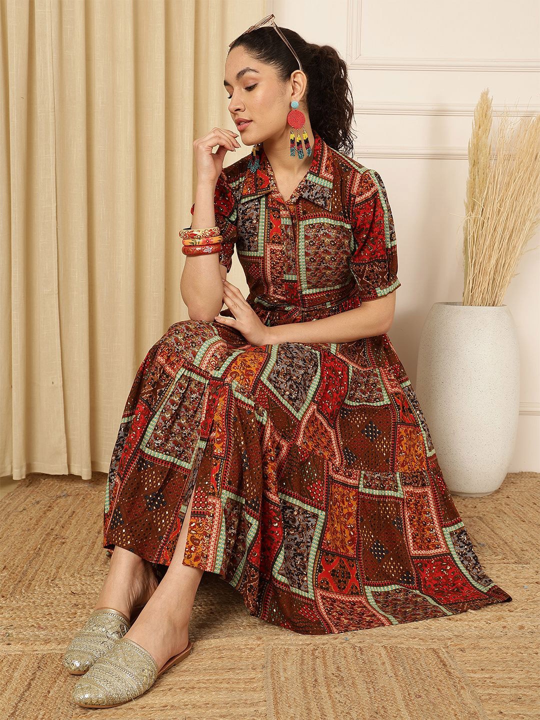 

KALINI Women Ethnic Motifs Printed Tiered Fit and Flare Midi Dress, Red