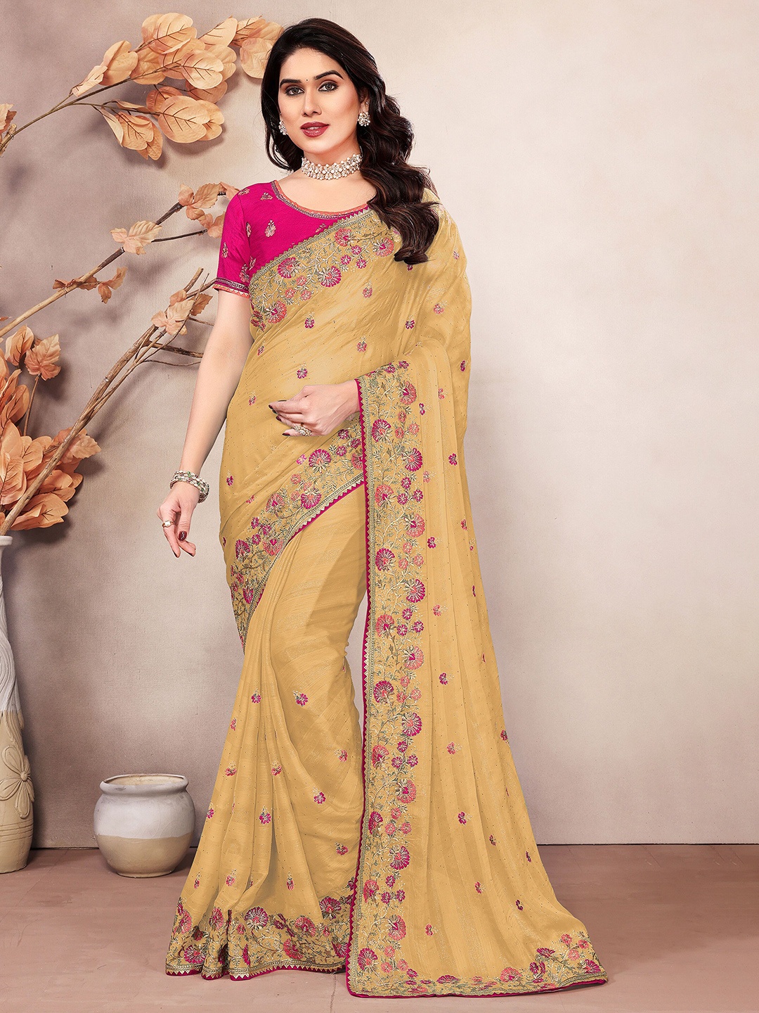 

KHRITI FAB Embellished Embroidered Silk Blend Saree, Beige