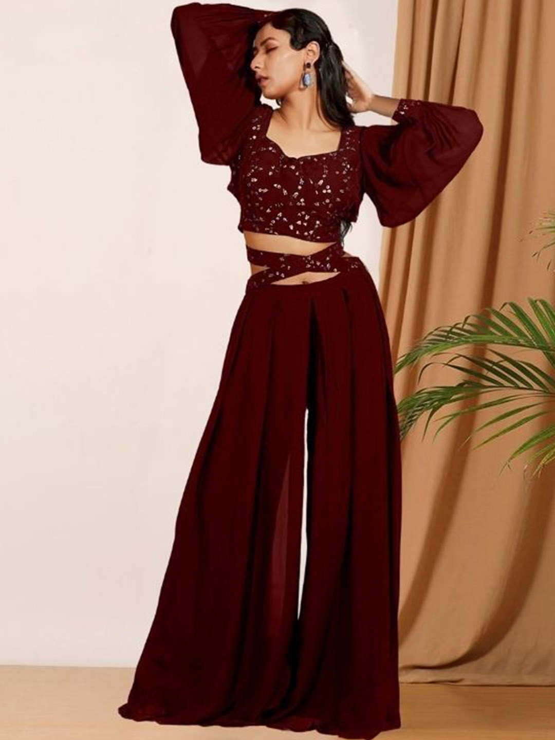 

PARROT CREATION Gopi Embroidered Sweetheart Neck Georgette Crop Top With Palazzos, Maroon