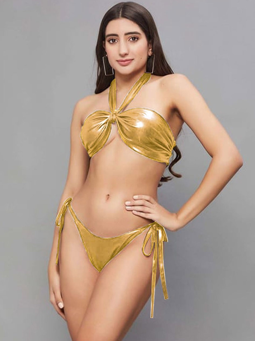 

Krelin Halter Neck Tie Ups Bikini Set, Gold