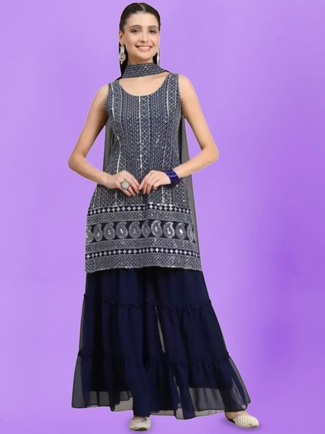 

PARROT CREATION Floral Embroidered Georgette Straight Kurti With Sharara & Dupatta, Navy blue