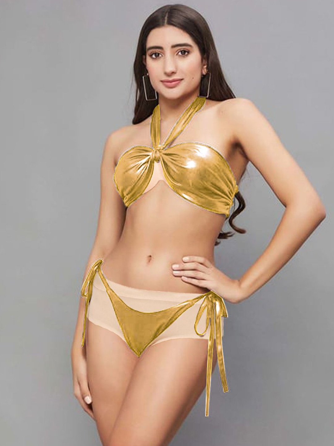 

VAGHBHATT Halter Neck Swim Bikini Set, Gold