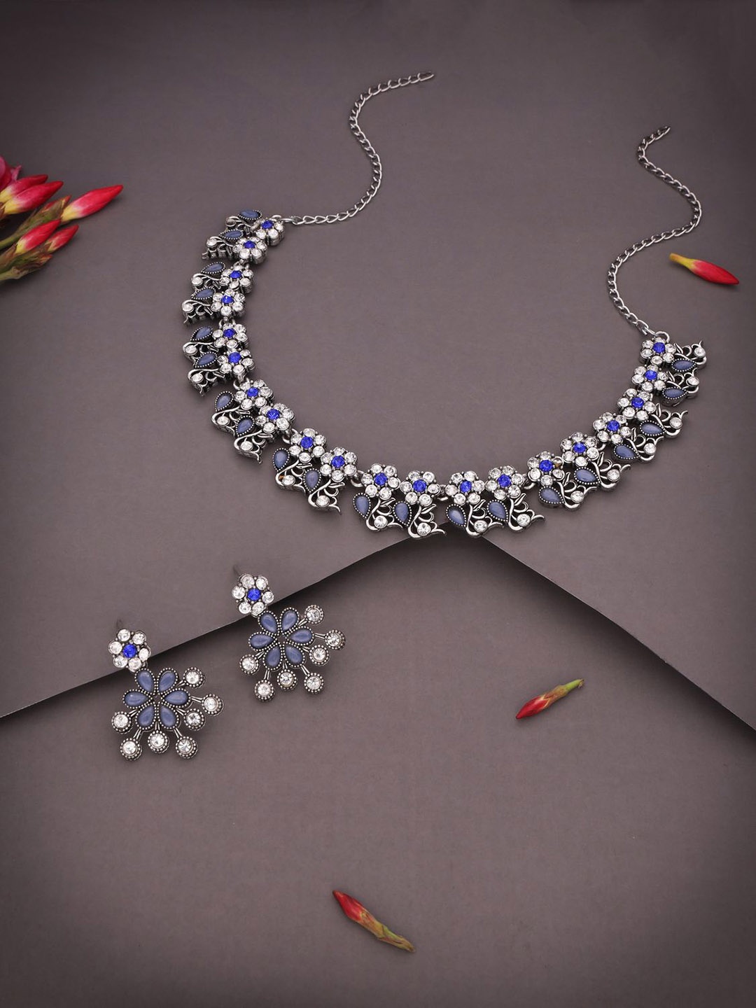 

Lyriss Silver-Plated Artificial Stones Studded Nacklace With Earrings