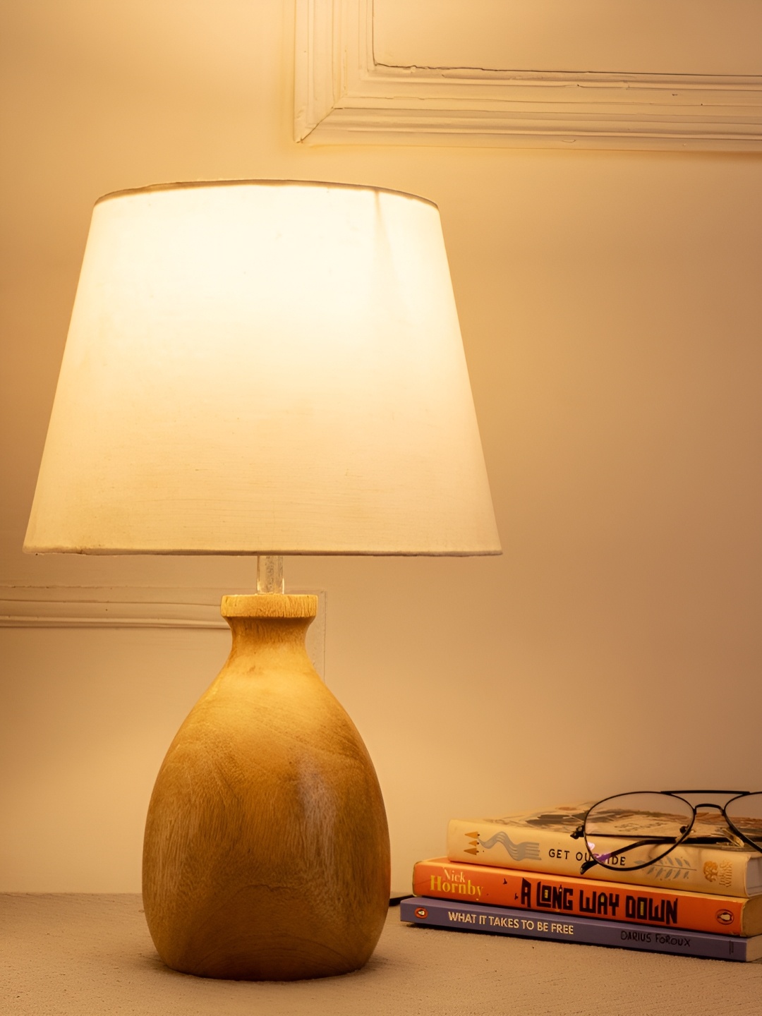 

green girgit Brown & White Frustum Shaped Wooden Table Lamp With Bulb