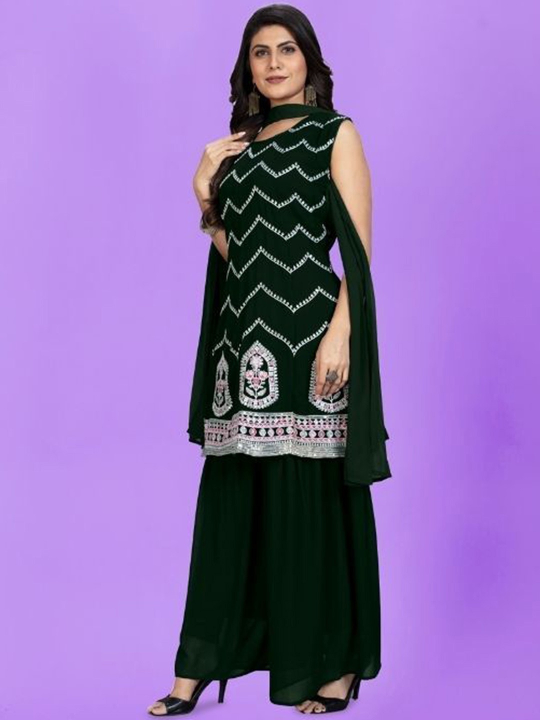 

PARROT CREATION Ethnic Motifs Embroidered Sequinned Georgette Kurti with Palazzo & Dupatta, Green