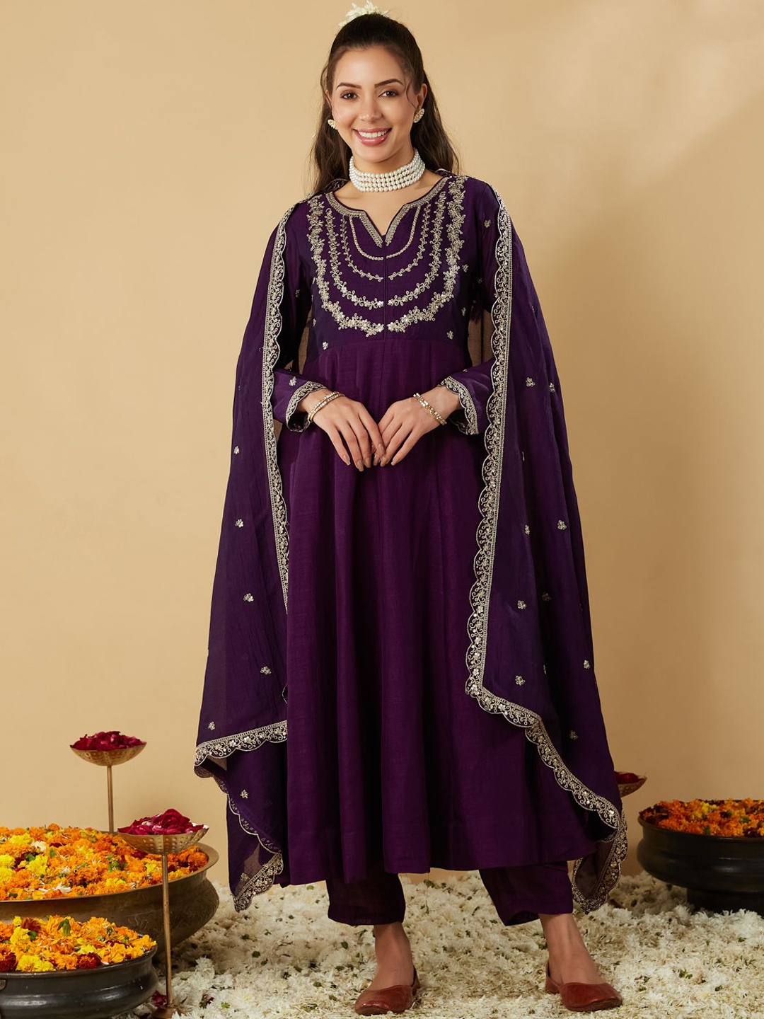 

MOKOSH Floral Embroidered Sequinned Notch Neck Anarkali Kurta with Trousers & Dupatta, Violet
