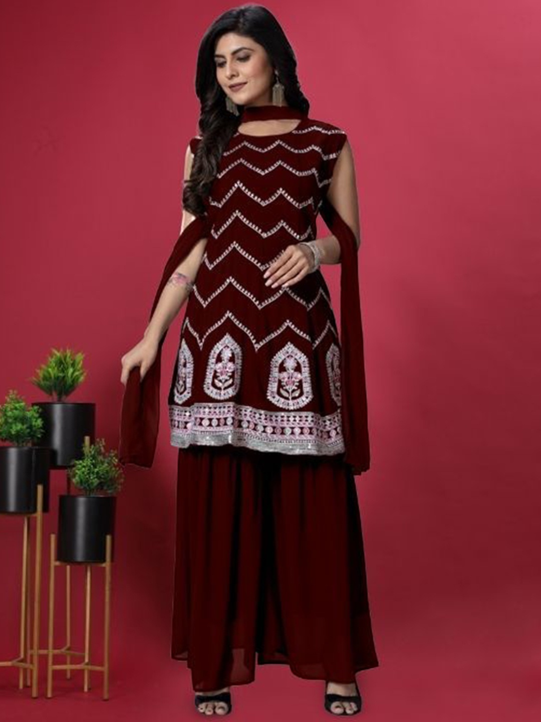 

PARROT CREATION Floral Embroidered Georgette Kurti With Sharara And Dupatta, Maroon