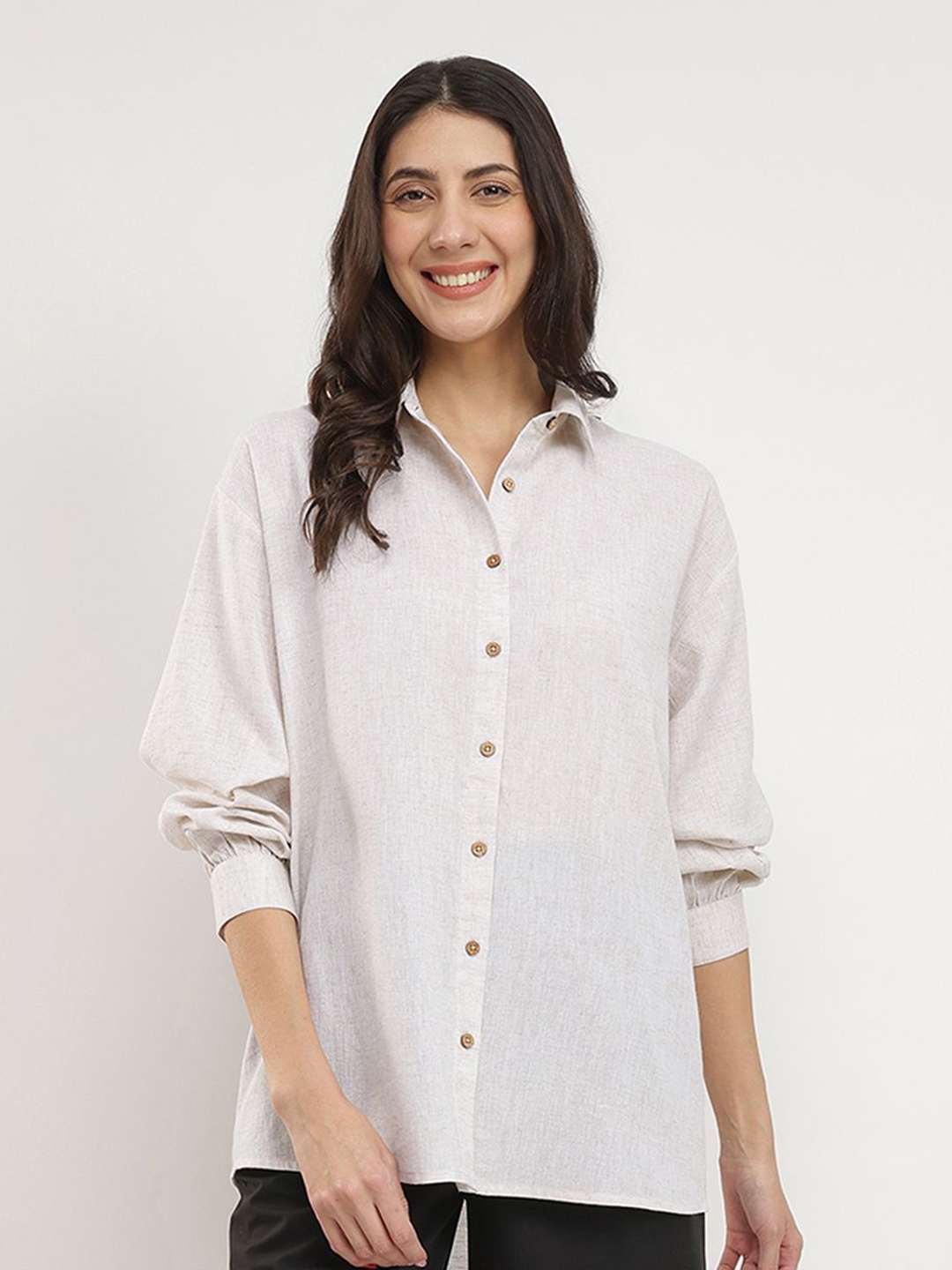 

Pink Fort Women Cotton Solid Relaxed Fit Shirt, Off white