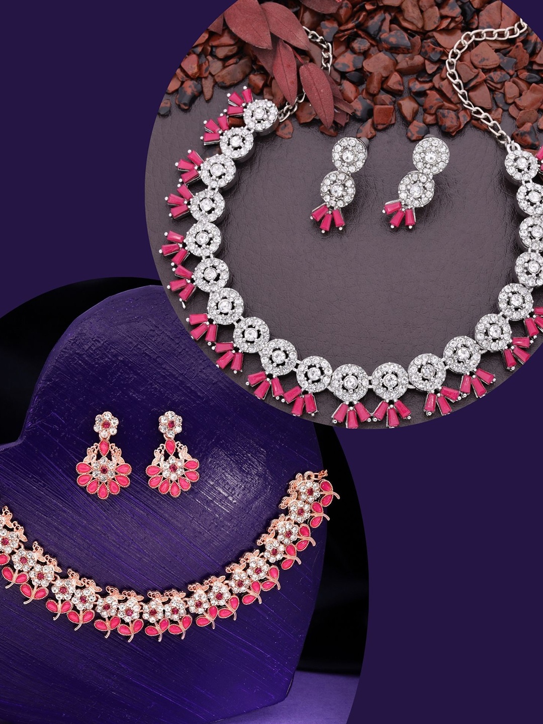 

DIVASTRI Pahal Set Of 2 Silver-Plated & Rose Gold-Plated AD Studded Jewellery Set