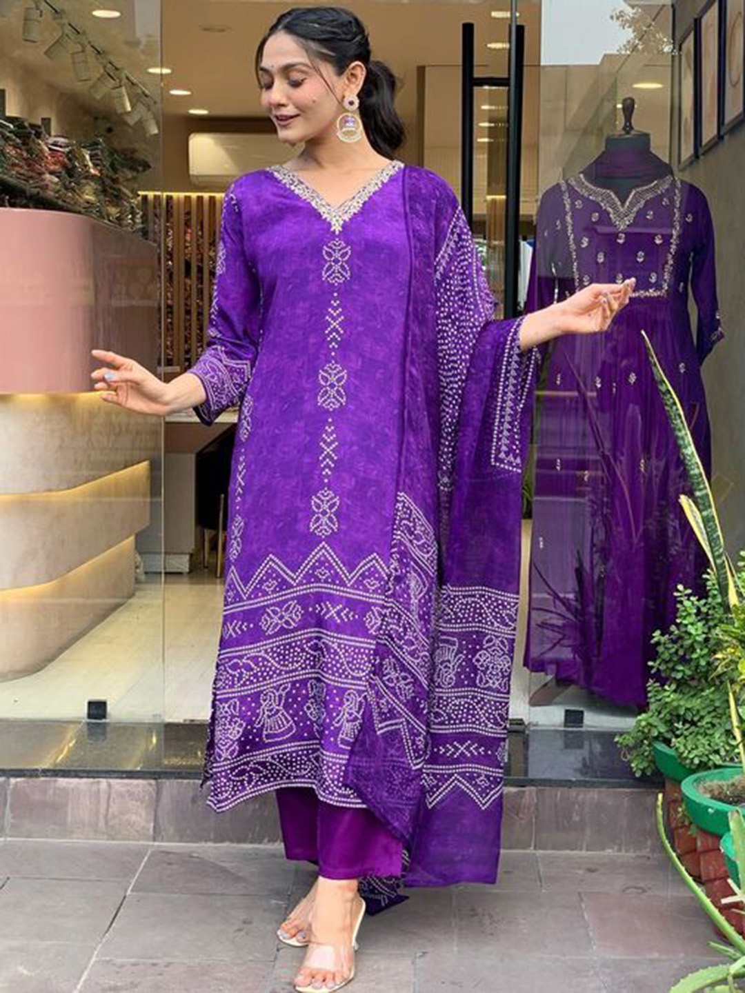 

Anara Floral Printed V-Neck Straight Kurta With Trousers And Dupatta, Purple