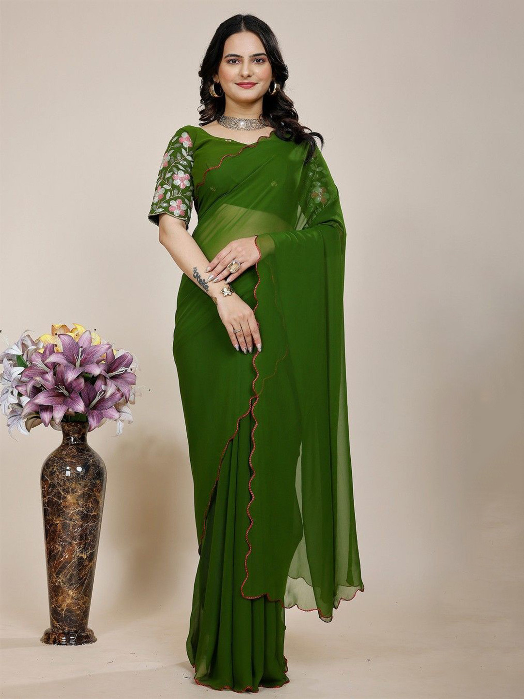 

K 5 Fashion Embroidered Pure Georgette Saree, Green