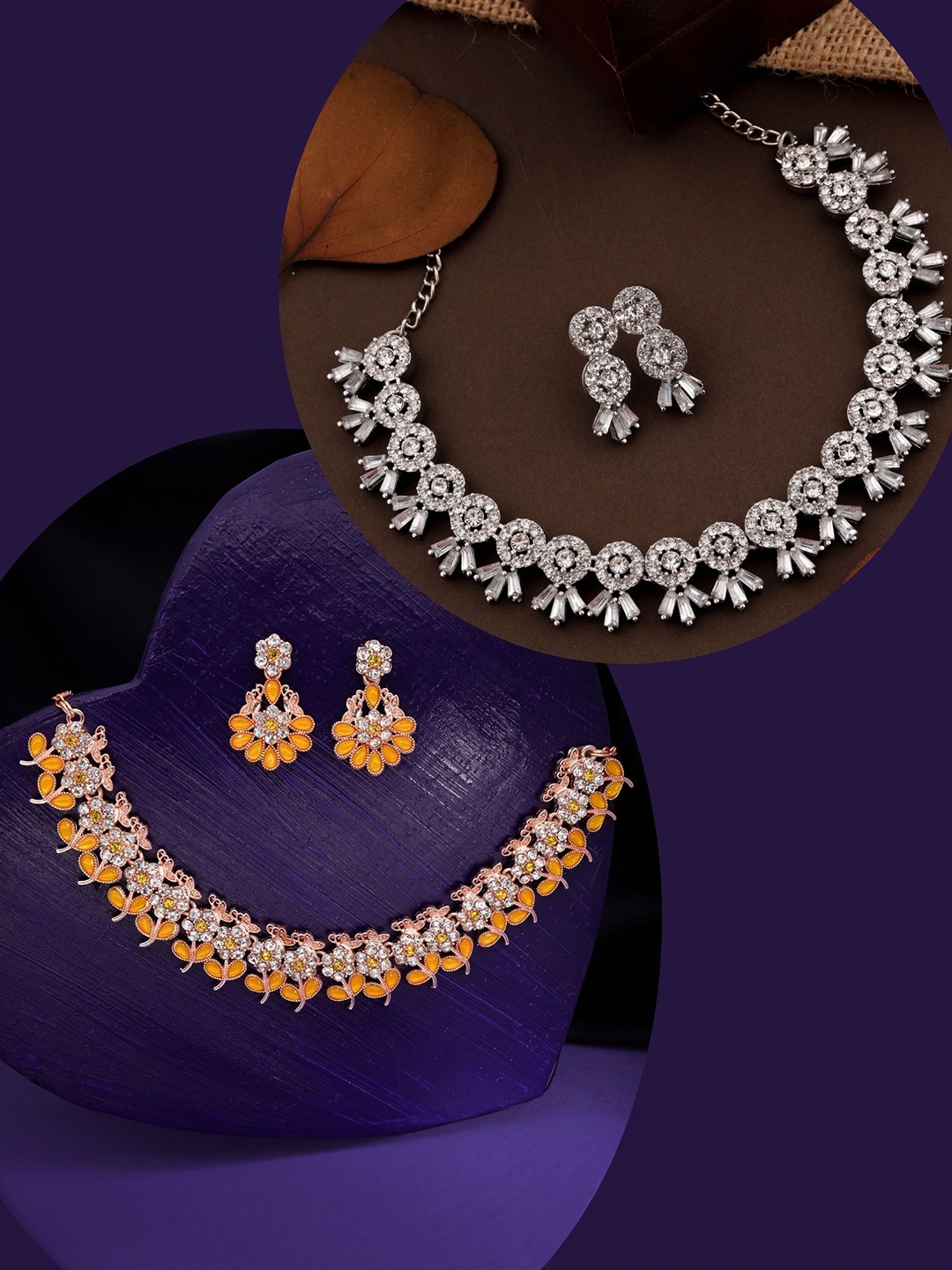 

DIVASTRI Set Of 2 Rose Gold & Silver-Plated American Diamonds Studded Jewellery Set