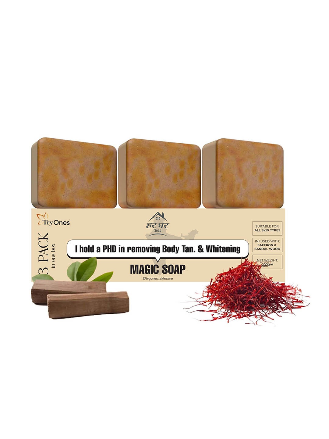 

TRYONES Magic Soap Set Of 3 Sandalwood & Saffron Removes Tan Soap - 100 g Each, Brown