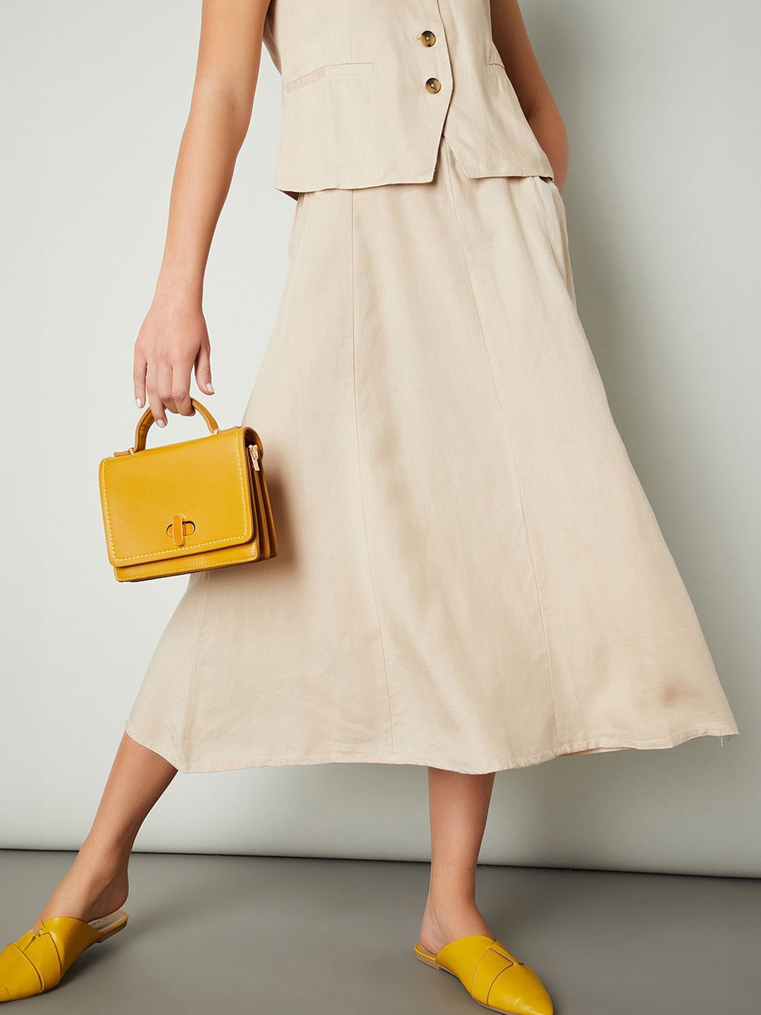 

max High Rise Midi Length A Line Skirt, Beige