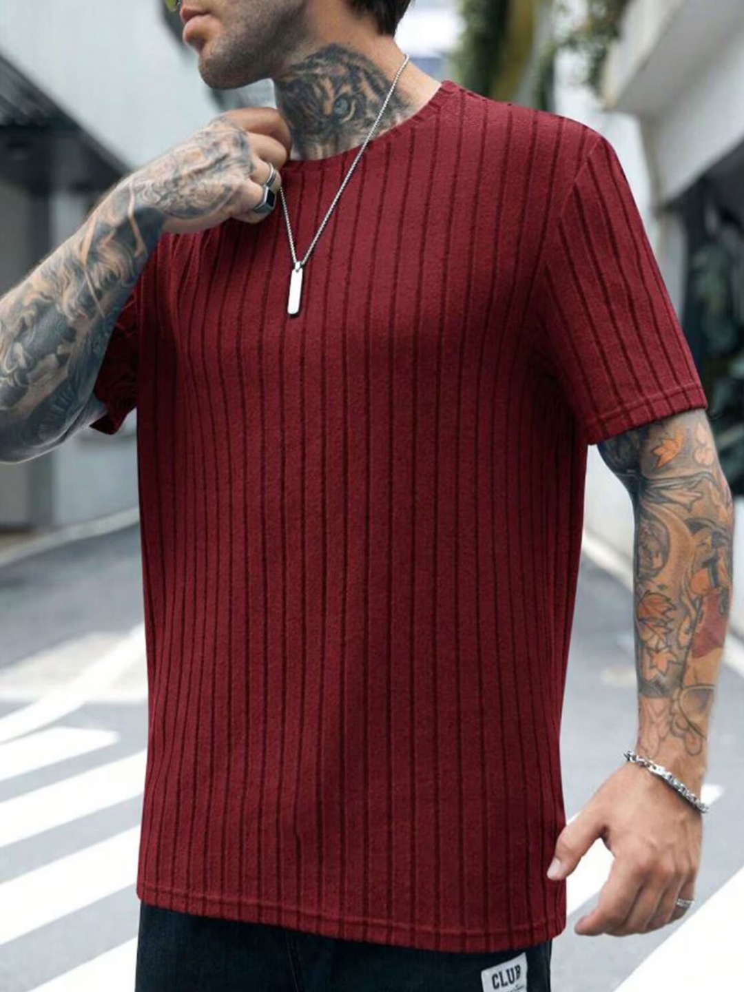 

Fashion2wear Men Striped Round Neck Cotton Slim Fit T-shirt, Maroon