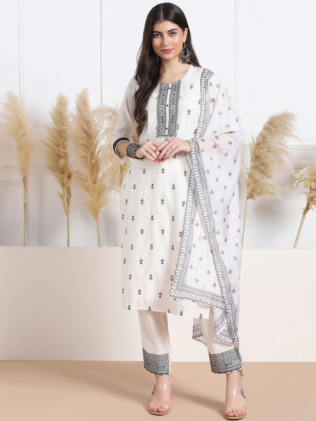 

Sangria Embroidered Round Neck Straight Kurta Trousers With Dupatta, White