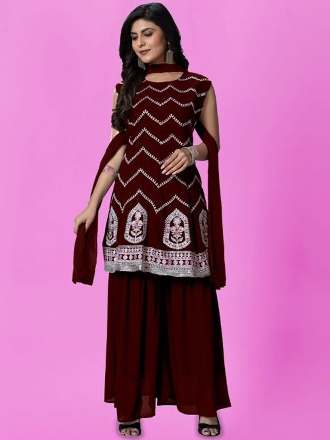 

PARROT CREATION Floral Embroidered Georgette Kurti With Sharara And Dupatta, Maroon