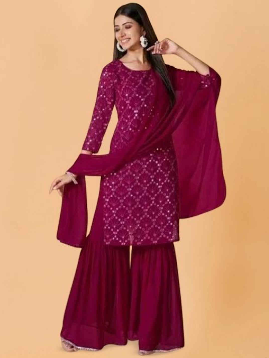 

PARROT CREATION Floral Embroidered Georgette Straight Kurta With Sharara & Dupatta, Magenta
