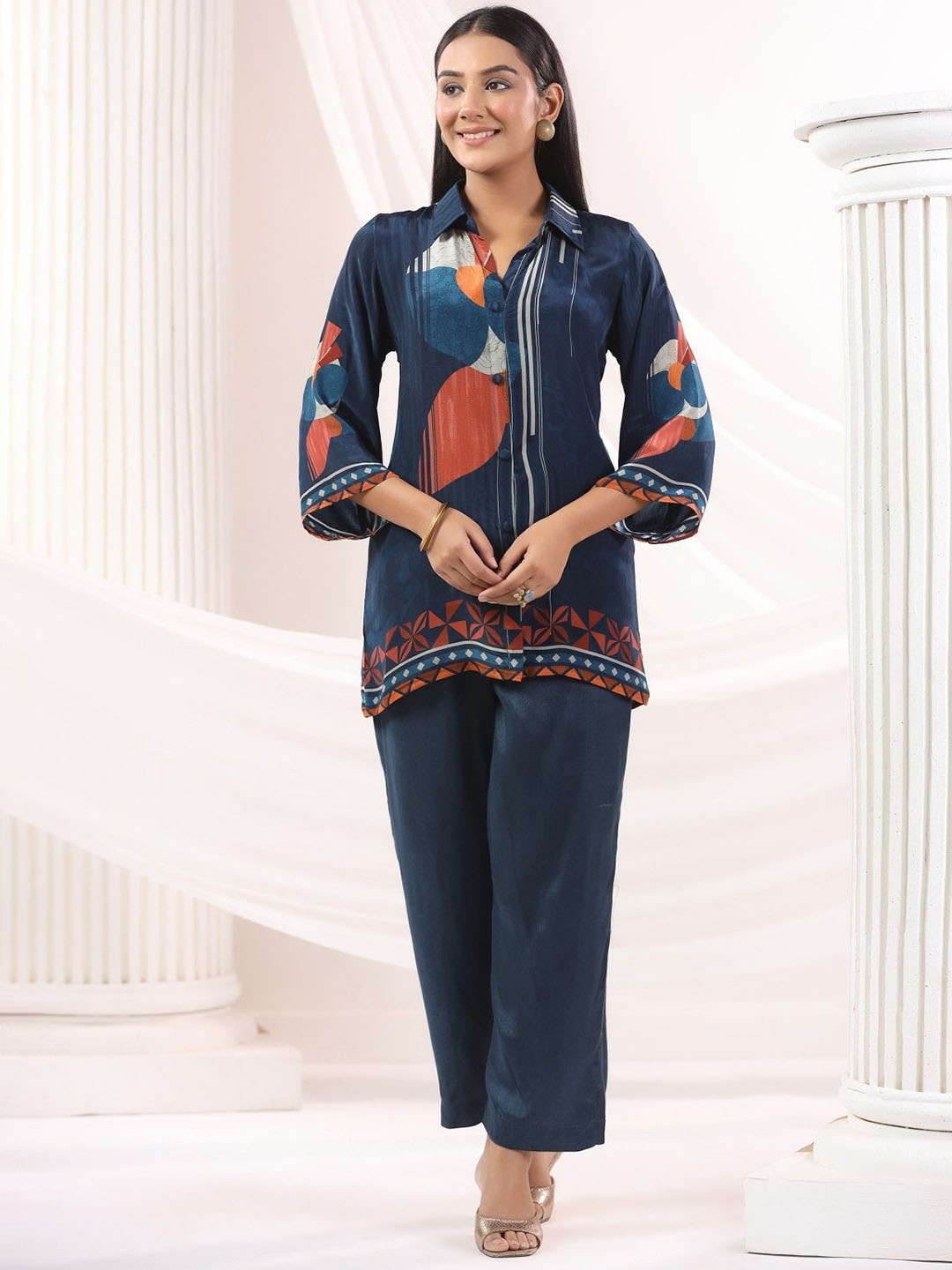 

AUTUMN LANE Printed Shirt Collar Muslin Top With Trouser, Blue