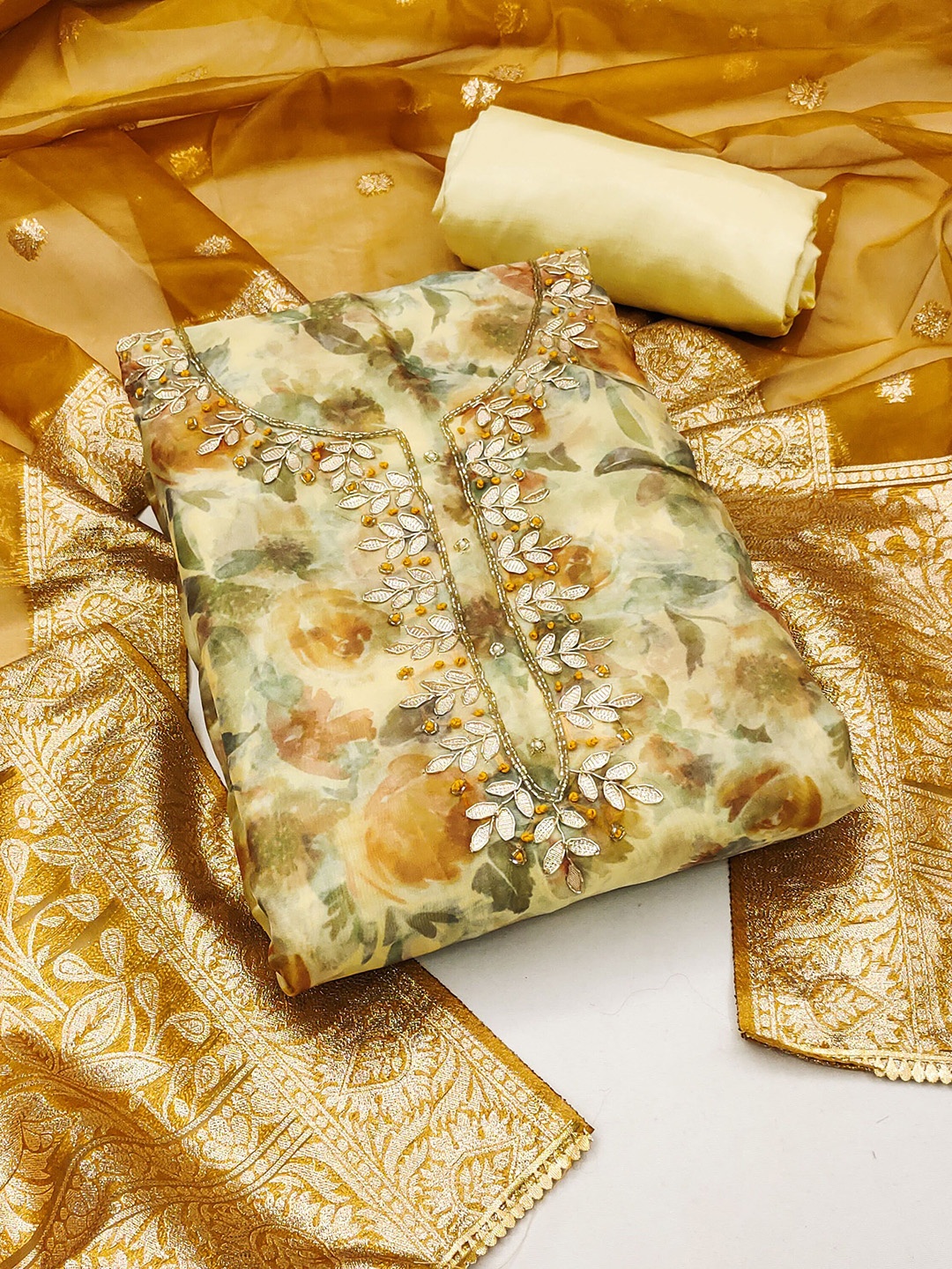 

SAINOOR Floral Printed Gotta Patti Organza Unstitched Dress Material, Brown