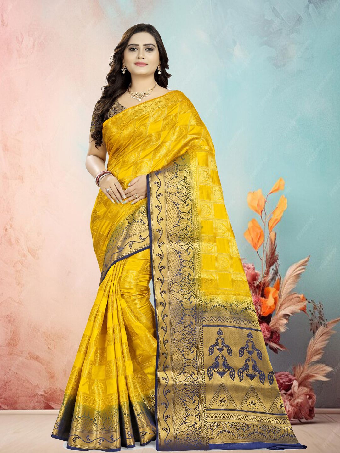 

DIVASTRI Woven Design Zari Pure Silk Banarasi Saree, Yellow